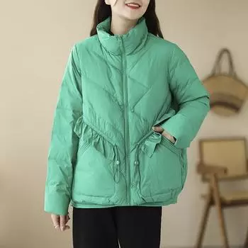 FASHION2024 winter new temperament literary fungus edge splicing white duck down drawstring waist short stand-up collar light down jacket Clothes S кофейный