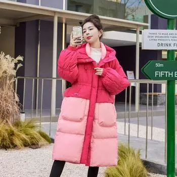FASHION2024 зима новый дизайн чувство контрастного цвета сращивание свободный белый утиный пуховик уменьшающий возраст пуховик женский высококачественный женская одежда S роза розовый