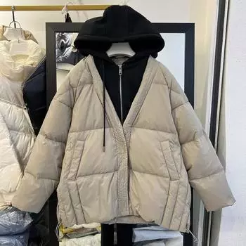 FASHION2024 зима новый сращивание свитер шапка поддельные два пуховика женская утолщенная средняя и длинная белая утиная пуховая модная одежда S