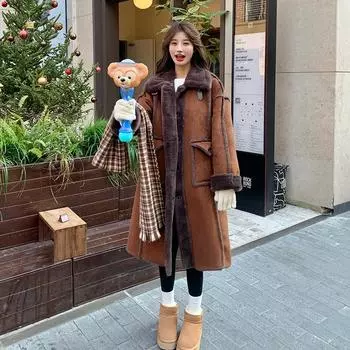 FASHION2024 Зимнее новое пальто из овечьей шерсти Женское иностранное флисовое пальто из оленьей кожи с интегрированным флисом, утолщенная теплая куртка Одежда S темно-коричневого