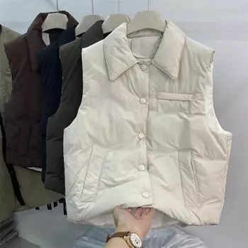 FASHION2024 Зимний новый жилет с лацканами, женский короткий японский 90-й белый утиный пуховик, без рукавов, утолщенный жилет, модная одежда One size