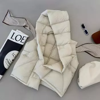 FASHION2024 Зимний повседневный ленивый пуховый жилет с капюшоном жилет жилет куртка свободный теплый пуховый жилет куртка одежда S чёрный