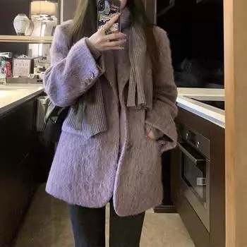 FASHION2024 Зимний розмариновый дымчатый фиолетовый премиум с подкладкой на плечах толстый шерстяной блейзер женский зимний темпераментный топ Одежда S