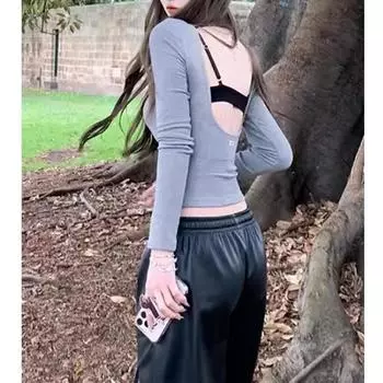 FASHION2024 Зимняя футболка Spice Girl Halter Fake Two Tops Slim Machine с длинным рукавом для женщин Design Sense S серый