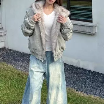 FASHION2024 Зимняя хлопковая одежда короткая чистая теплая утолщенная меховая куртка воротник короткая бархатная толстая женская одежда S