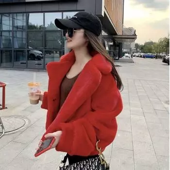 FASHION2024 Зимняя новая куртка из искусственного меха норки с бархатом для женщин и молодых женщин, короткая плюшевая куртка с короткими рукавами XS80~90 чёрный