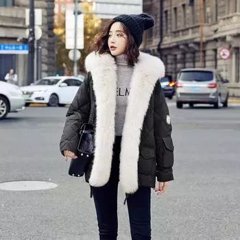 FASHION2024 Зимняя новая куртка-пуховик с большим воротником из лисьего меха средней и длинной длины для женщин в Корейском стиле с белым утиным пухом и мехом Pie Overcome, одежда S