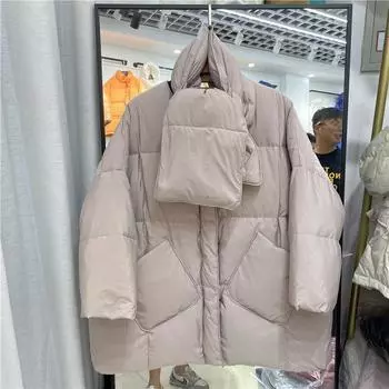 FASHION2024 Зимняя новая куртка-пуховик с шарфом женская средняя и длинная свободная утолщенная литературная простая модная куртка большого размера одежда One size