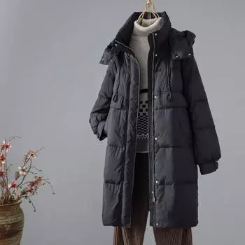 FASHION2024 Зимняя новая куртка со съемным капюшоном средней и длинной длины большого размера с белым утиным пухом, ветрозащитная утолщенная куртка-пуховик женская одежда S зелёный