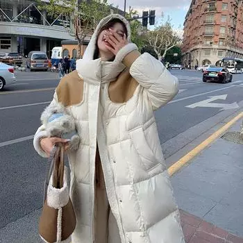 FASHION2024 Зимняя новая модель искусственного меха с интегрированным сращиванием длиной до колена белая утиная пуховая куртка женская одежда S