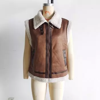 FASHION2024 Зимняя новая повседневная куртка без рукавов с лацканами на молнии из искусственной кожи, жилет, женская одежда XS темно-коричневого