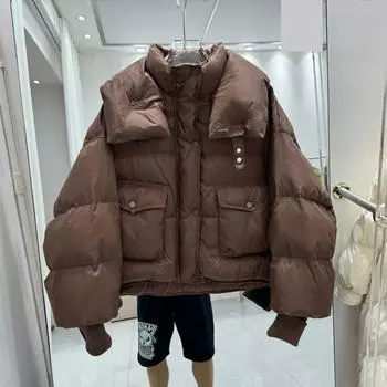 FASHION2024 Зимняя новая женская куртка-пуховик с коротким воротником-стойкой и прошитыми рукавами, маленькая теплая белая куртка-пуховик на утином пуху, женская одежда one size fits all чёрный