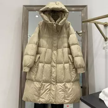 FASHION2024 Зимняя средняя и длинная куртка-пуховик для женщин выше колена с капюшоном, свободная, большого размера, утолщенная, с большим карманом, белая куртка на утином пуху, одежда M