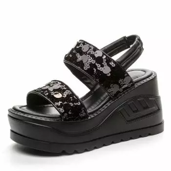 Fashion 10cm Synthetic Leather Slippers Bling Summer Sandal Platform Wedge Fashion Flats Women Fashion Sandals Hollow Pumps Flats 33 чёрный
