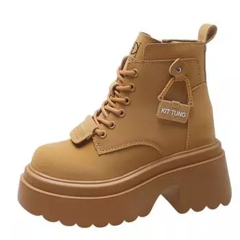 Fashion 10cm Thick-soled British Style Boots for Women New Women s Side Zipper Short Boots for Women Square Heel Leather Boots for Women 34 коричневый