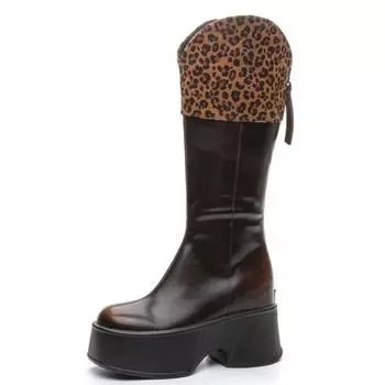 Fashion 11CM Genuine Leather High Top Autumn Winter Warm Plush ZIP Leopard Fashion Women Booties Knee High Platform Wedge Spring Shoes 33