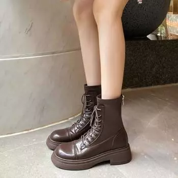 fashion 2024 Ankle Boots Women s Casual Thick-soled Women s Lace-up Autumn and Winter Shoes Women s Outdoor New Style 35 чёрный