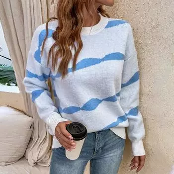 Fashion 2024 autumn and winter new European and American knitted sweater pullover round neck contrasting striped sweater women S бежевый