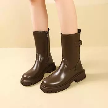 Мода 2024 года, осень и зима, новый стиль, женские модные теплые сапоги до середины голени с пряжкой 35 чёрный