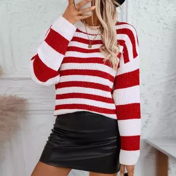 Fashion 2024 autumn and winter new women s clothing European and American casual fashion striped color matching chenille pullover sweater women S красный