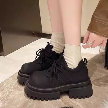 fashion 2024 Autumn Fashion New Women s Solid Color Casual Lace-Up Round Toe High Heels and Low Top Shoes 35 чёрный