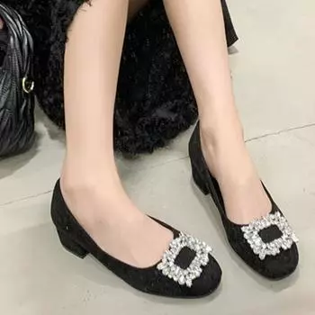 Fashion 2024 Autumn Fashionable Women s Rhinestone Metal Decorated Slip-on Block Heel Shoes 35