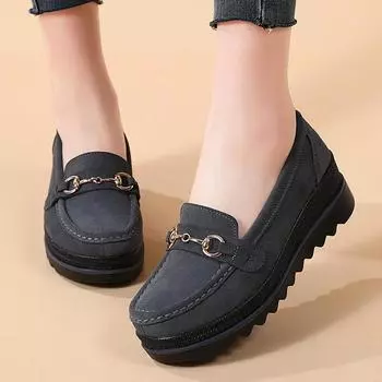 Fashion 2024 Autumn High Quality Women Shoes Light Comfort Flas Platform Shoes Metal Buckle Casual Mother Shoes Wedge Women Loafers 35 синий