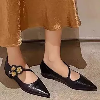 Fashion 2024 Autumn New Soft Sole Solid Color Mary Jane Women’s Fashion Flower Buckle Flat Shoes 34 чёрный