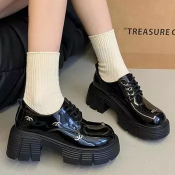 fashion 2024 Autumn New Style Thick-soled Simple Solid Color Lace-up Metal Decorative Versatile Fashionable Women s Shoes 35 матовый черный