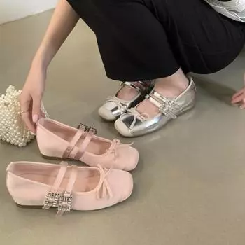 Fashion 2024 Autumn New Women Flat Shoes Fashion Bowknot Shallow Ladies Mary Jane Ballerinas Flat Sole Double Strap Casual Ballet Shoes 35 серебряный