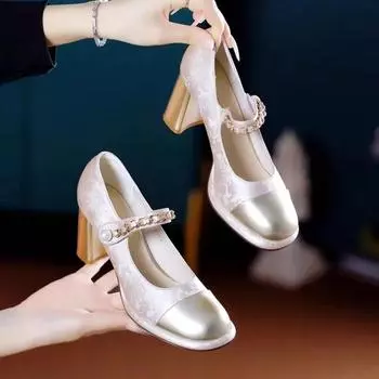 Fashion 2024 Autumn New Women s Fashion Solid Color Casual Square Toe Pearl Metal Chain Decorated Slip-On High Heels 35 шампанского