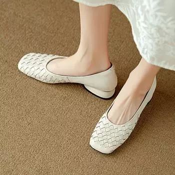 Fashion 2024 Autumn New Women s Fashion Square Toe Braided Hollow Breathable Soft Sole Anti-Slip Flat Shoes 34 бежевый