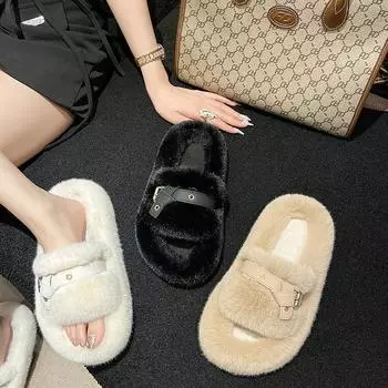 Fashion 2024 Autumn-winter Fluffy Slippers Women Wear Indoor Home Belt Buckle Thick Bottom Plush Cotton Drag Woman 35 хаки