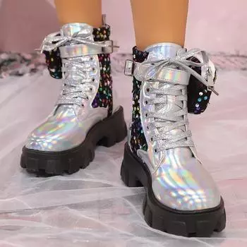 Fashion 2024 Autumn Winter New Fashionable Pocket Design Boot Luxury Shoes Women Platform Sequins Boot Women Increase Height Short Boots 35 серебряный