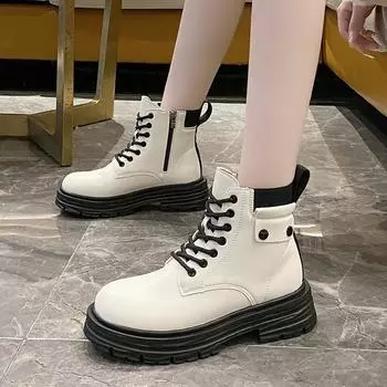 Fashion 2024 Autumn Winter Women s Fashion Short Boots Plush Thick Bottom Boots British Style Solid Color Warm Non-slip Boots for Women 35 бежевый