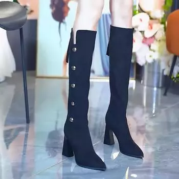 Fashion 2024 Autumn Women s Fashion Boots Knee-length Pointed Tip Fang Hei Metal Decoration Women s High Heel Boots High Boots Sleeve 34 абрикосовый