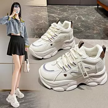 fashion 2024 Autumn Women s Thick-soled Vulcanized Shoes Shockproof Air Cushion Sports Shoes Women s Non-Slip Casual Walking Shoes 35 бежевый