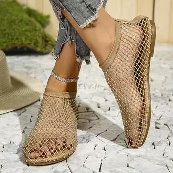 Fashion 2024 Black Rhinestone Flat Sandals Breathable Non-slip Comfortable Beach Sandals Femininas 36 бежевый