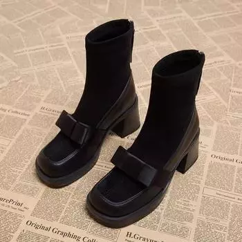 Fashion 2024 Bow Suede Women s Ankle Boots High Heel Square Toe Fashion Boots Women s Trendy Winter New High Heel Boots 35