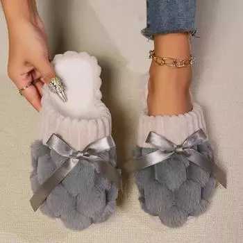 Fashion 2024 Brand Ladies Shoes Baotou Women s Slippers Fashion Butterfly-knot Home Cotton Shoes New Plus Size Short Plush Flat Slippers 36-37
