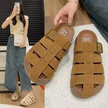 Мода 2024 года, брендовая обувь для женщин, закрытый носок, женские тапочки, модные повседневные тапочки с пряжкой на ремне, горячая распродажа, однотонные плоские тапочки 35 бежевый