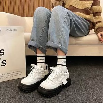 fashion 2024 Brand Women s Shoes Front Lace-up Women s Vulcanize Shoes Fashion Round Head Ladies Casual Shoes New Solid Classic Sneakers 35 чёрный