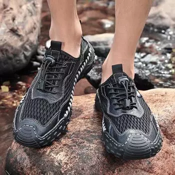 Fashion 2024 Breathable Men Hiking Shoes Non-Slip Light Men Casual Shoes Hollow Out Training Sneakers Outdoor Man Fashion Driving Shoes 38 серый