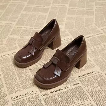 Fashion 2024 British Style Women s Shoes Fashion Loafers Spring Autumn Bow-knot Square Toe Chunky High Heel Brown Small Leather Shoes 35 коричневый