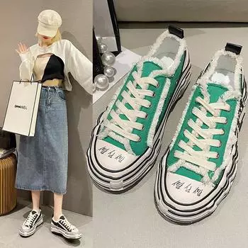 fashion 2024 Canvas Shoes Women s Thick-soled Retro Beggar Thick-soled Casual Lace-up Sneakers Platform Tennis Shoes Luxury Shoes 35 бежевый