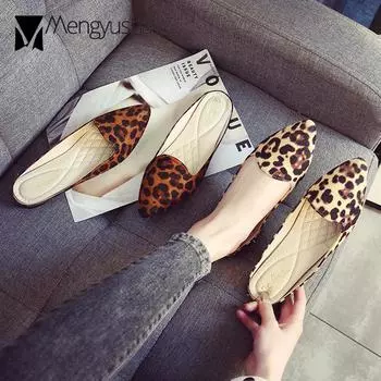 Fashion 2024 Closed Toe Mules Shoes Ladies Fats Slippers Leopard Shoes Woman Velvet Pantufa Slides Home&Outside Antiskid Lazy Flip Flops 4.5 коричневый