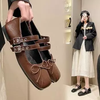 fashion 2024 Designer Spring Women Mary Jane Shoes Fashion Square Toe Ladies Comfort Soft Sole Flats Women s Comfort Ballerinas Shoes 35 чёрный