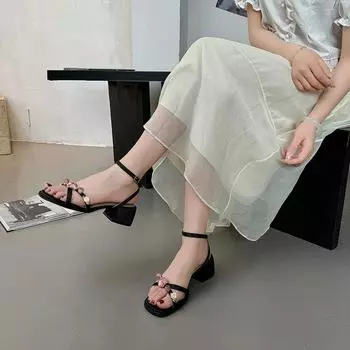Fashion 2024 Designer Summer Open Toe Women Sandals Fashion Flower Thick Heel Shoes Outdoor Casual Office Lady Sandalias 35 чёрный