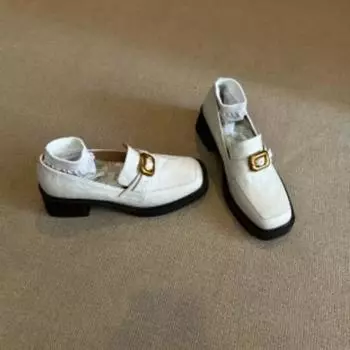 Fashion 2024 Early Spring Mid Heels,Women Leather Loafers Shoes,Metal Buckles,Slip On,Round Toe,Black,Brown,Dropship 35 чёрный