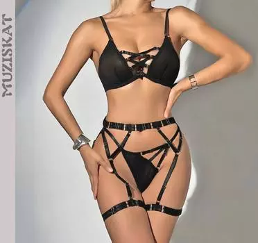 fashion 2024 Explosive Models Sexy Cross Hollow Straps See-Through Mesh Erotic Lingerie Four-Piece Set S